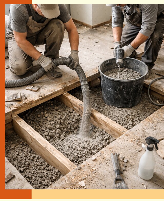 Заполнение пустот пола в Бердске полиуретаном и пенополистиролом