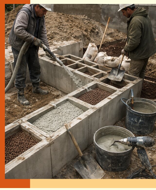 Заполнение полостей фундамента в Бердске герметичным утеплением и повышением прочности