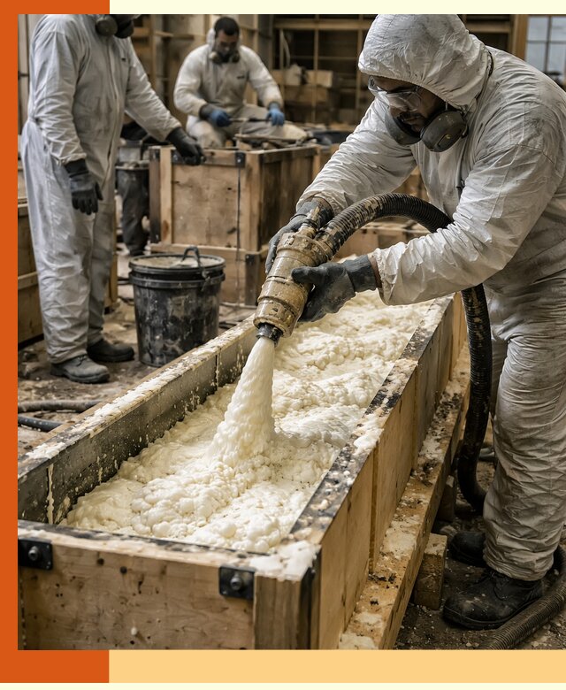 Заливка пенополиуретана в формы для утепления в Бердске